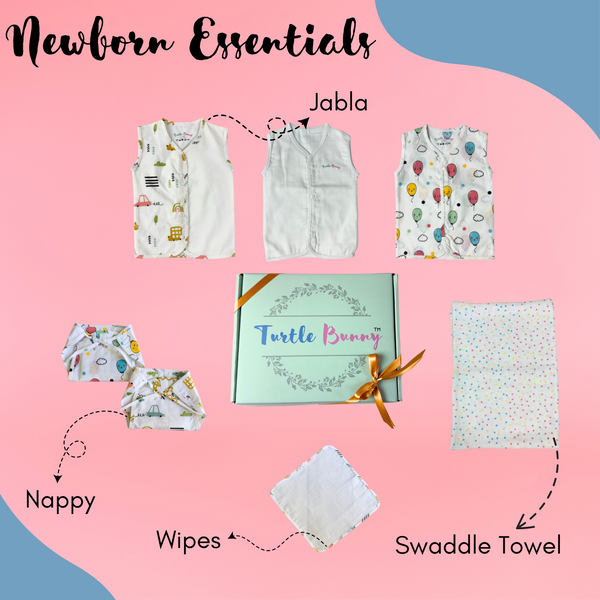 Newborn Essential -Jabla set gift Box, Swaddle Towel,Nappy,Wibes