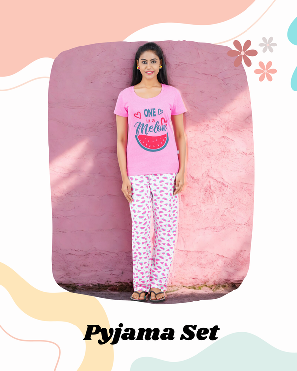 Womens Night Dress Cotton T-Shirt and Printed Pyjama Set